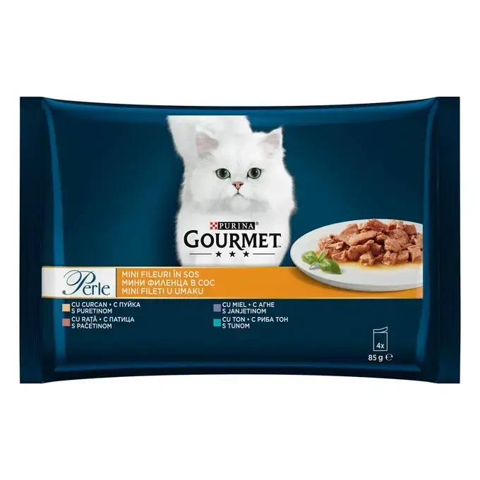 GOURMET®PERLE mini fileti u umaku sa janjetinom, patkom, tunom i puretinom hrana za mačke 4x85g