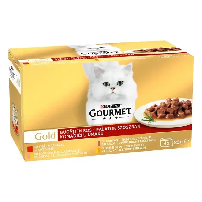 GOURMET® GOLD sa junetinom, puretinom i patkom, lososom i piletinom hrana za mačke 4x85g