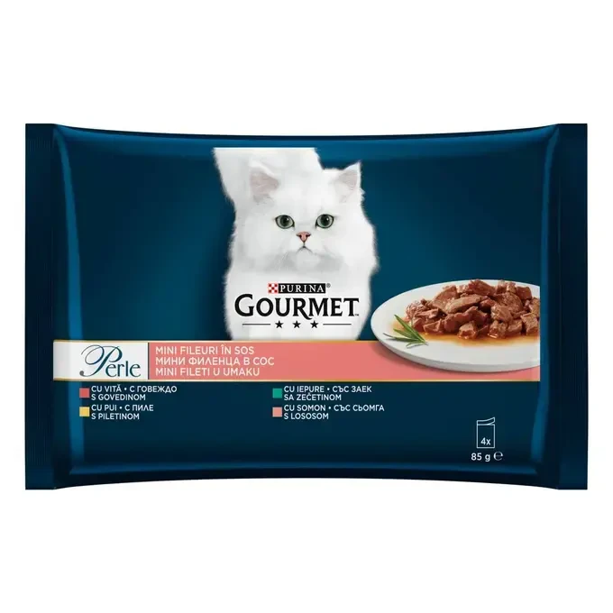 GOURMET® PERLE sa govedinom, piletinom, zečetinom, lososom u umaku hrana za mačke 85g