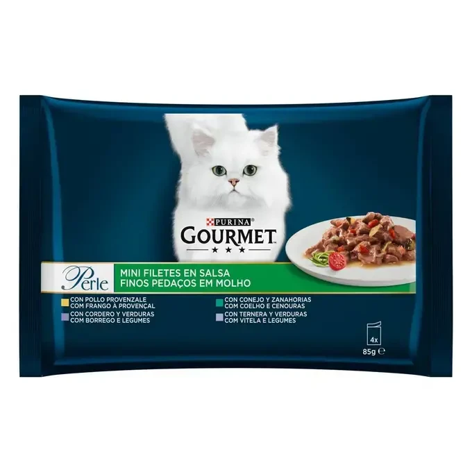 GOURMET® PERLE sa teletinom i povrćem, kunićem, janjetinom i povrćem u umaku hrana za mačke 85g