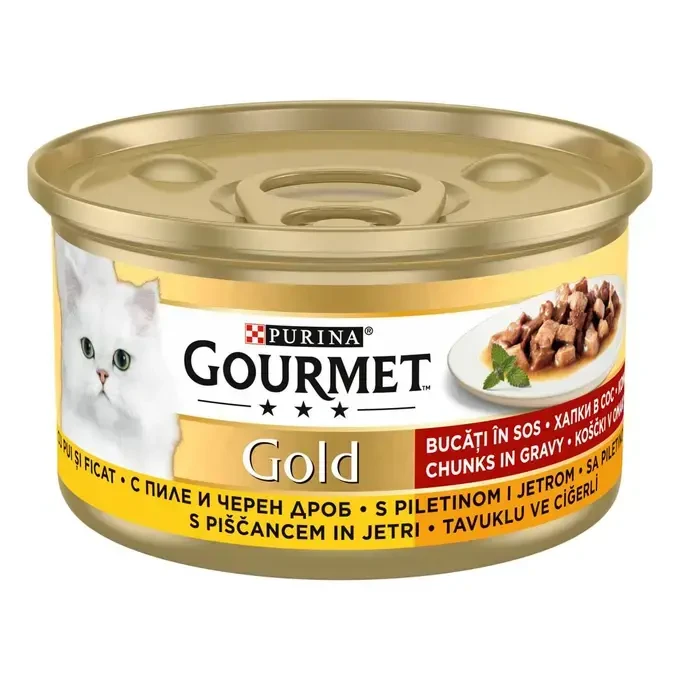 GOURMET® GOLD sa piletinom i jetricama, mini fileti u umaku hrana za mačke 85g