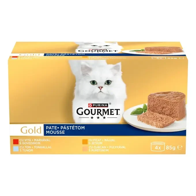 GOURMET® GOLD Pate sa govedinom, puretinom, jetrom i tunom paštete za mačke 4x85g