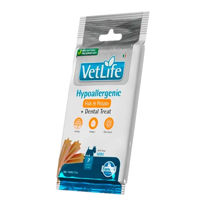 VetLife Natural Adult Mini Hypoallergenic + Dental treat Stick - riba i krompir poslastica za pse