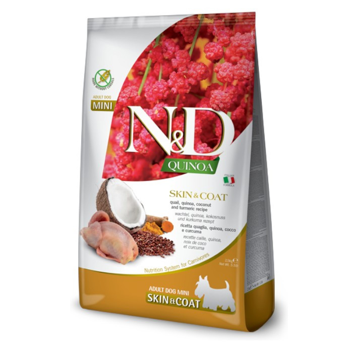 N&D Adult Mini Quinoa Skin & Coat - kvinoja, prepelica suha hrana za pse 2,5kg