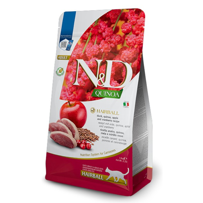N&D Adult Quinoa Hairball - patka, kvinoa, jabuka suha hrana za mačke 1,5kg
