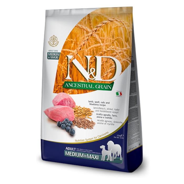 N&D Adult Medium & Maxi Ancestral Grain - janjetina i borovnica suha hrana za pse 2,5kg