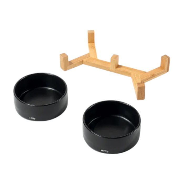 M-PETS Opera set crnih keramičkih posuda sa stalkom od bambusa za mačke i male pse 2x350ml