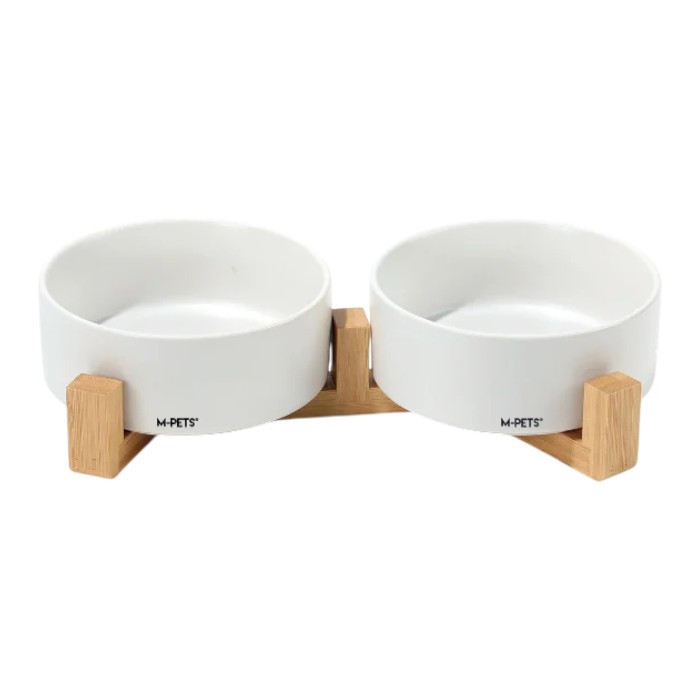 M-PETS Opera set bijelih keramičkih posuda sa stalkom od bambusa za mačke i male pse 2x350ml