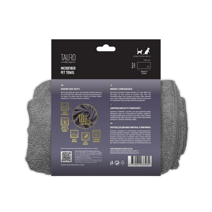 Tauro Pro Line Microfiber peškir za pse i mačke 80x120cm sivi