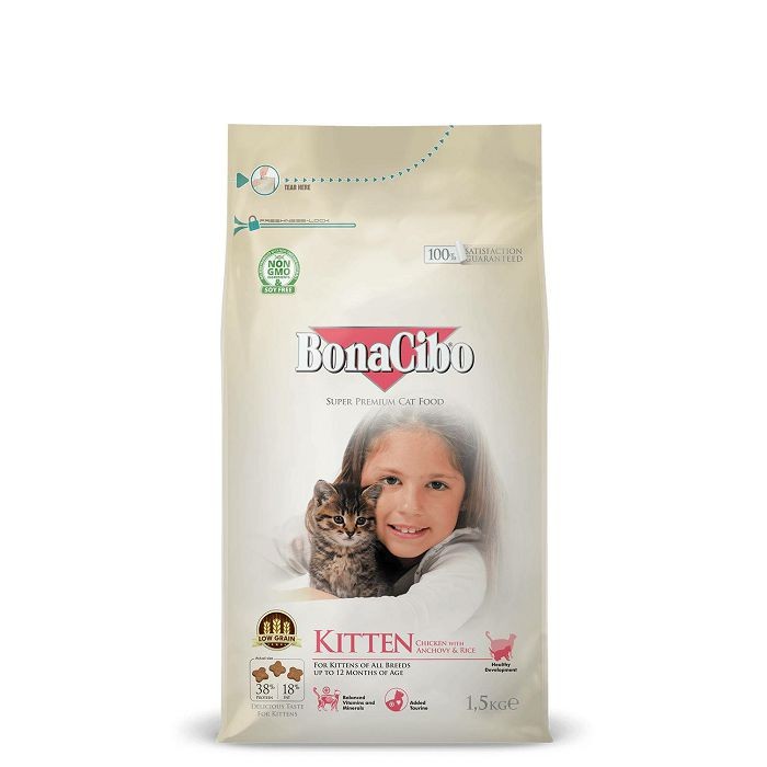 BonaCibo Kitten Chicken piletina, inćuni i riža hrana za mačiće 1,5 kg