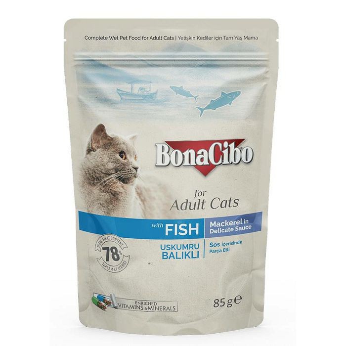 BonaCibo Mackerel in Delicate Sauce Fish riba skuša hrana za mačke 85 g