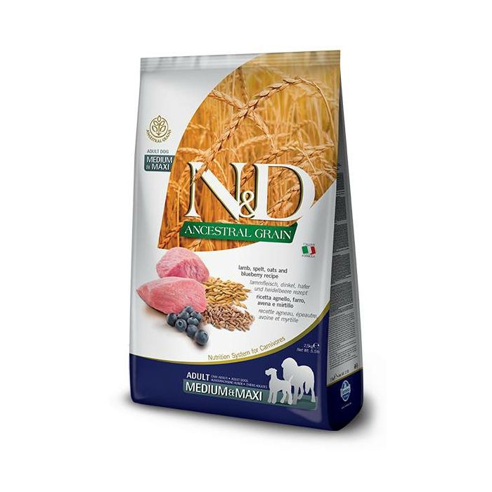 N&D Adult Medium & Maxi Ancestral Grain / janjetina i borovnica hrana za pse 2,5 kg