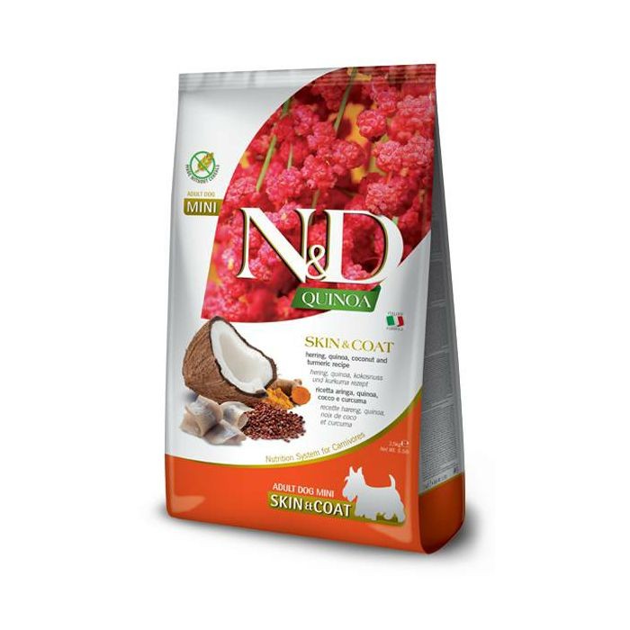 N&D Adult Mini Quinoa Skin & Coat - prepelica, kvinoja, kokos i kurkuma suha hrana za pse 2,5kg