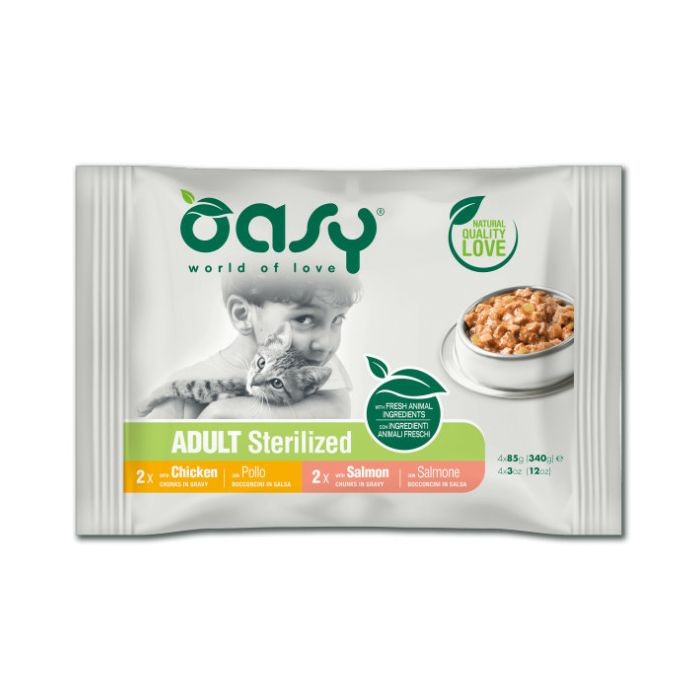OASY ADULT Sterilized multipack piletina i losos hrana za sterilisane mačke 4 x 85 g