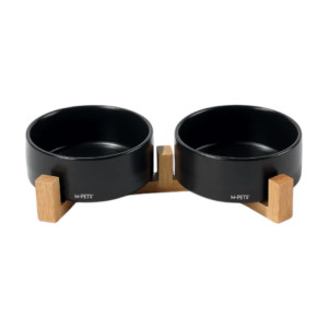 M-PETS Opera set crnih keramičkih posuda sa stalkom od bambusa za mačke i male pse 2x350ml
